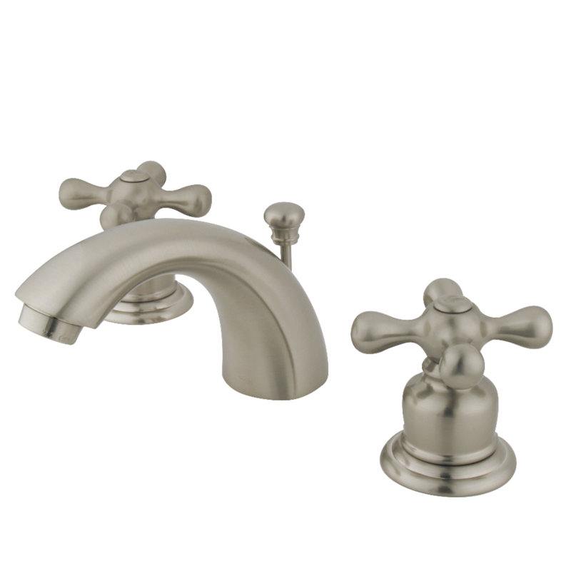 Kingston Brass Magellan Two-Handle 3-Hole Deck Mount Mini-Widespread Bathroom Faucet with Plastic Pop-Up, Brushed Nickel