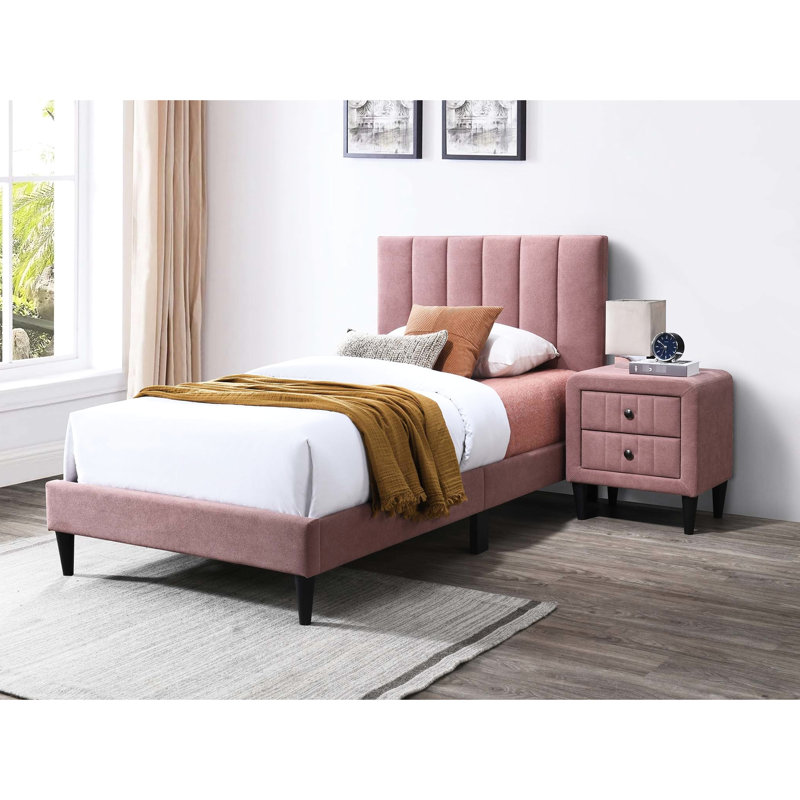 Lit simple réglable avec tête de lit rose, matériau en lin brossé, 12 supports, sans sommier, largeur de 41 po