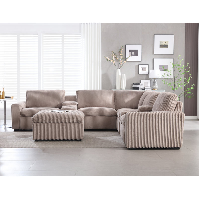 8 Piece Modern Corduroy L Shaped Power Reclining Sectional Couch With Storage & Wireless Charging