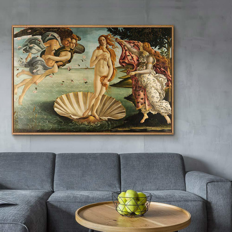 Célèbre œuvre d'art IDÉE4WALL, reproduction d'art sur toile encadrée, "La naissance de Vénus" par Botticelli, Naturel