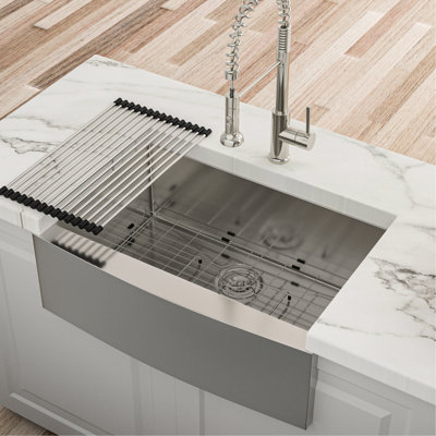 24 Inch Deep 16 Gauge T304 Stainless Steel Apron Front Kitchen Sink, X - Shaped Water Guide For Smooth Flow, R10 Rounded Corner, Condensation Coating, 3Mm Pad, Package With Drain Assembly And Dish