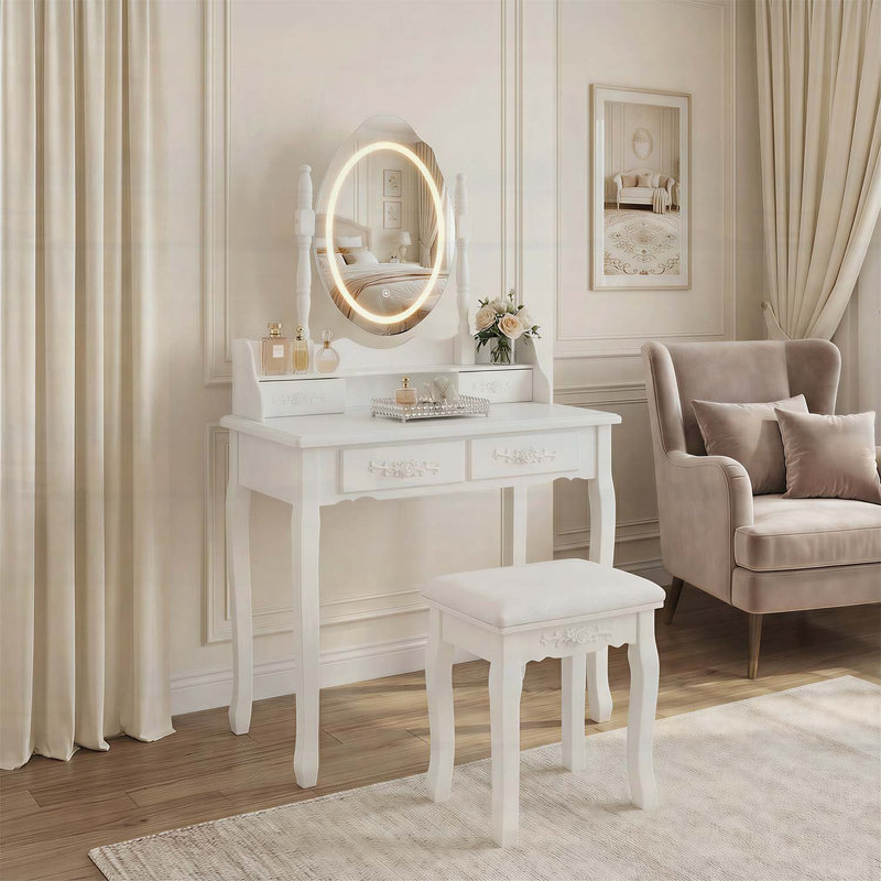 White Princess Vanity Desk Set with LED Light Mirror, 4-Drawer Storage, and Cushioned Stool for Girls' Bedroom