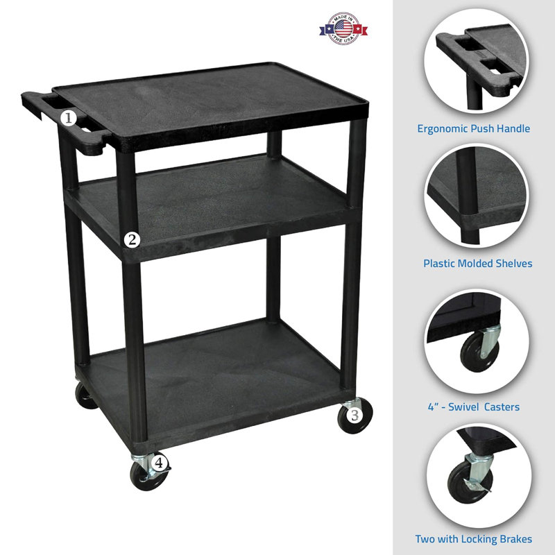 Heavy-Duty Mobile Presentation Cart With 3 Adjustable Shelves For AV Equipment And Office Use