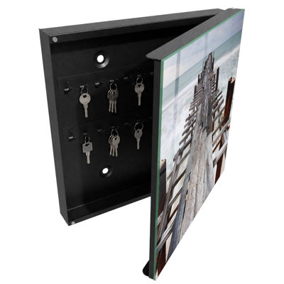 Key box, Opens to the left, 30x30x5, Black, A wooden pier against the backdrop of a calm sea, 