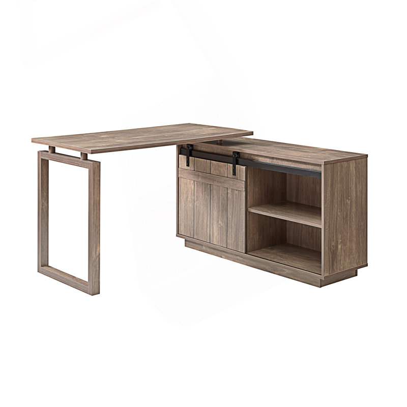 L-Shaped Workstation With Storage Credenza, Llight Brown