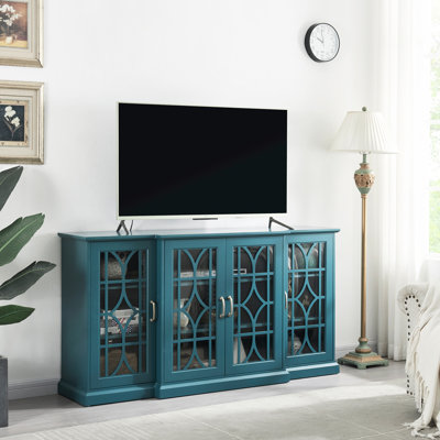 Teal Blue Sideboard Buffet - , 4 Doors, 6 Adjustable Shelves, Clean And Neat Surface 63" Tv Stand In Ample Storage Space, Doors With Retro Handles Classic Look