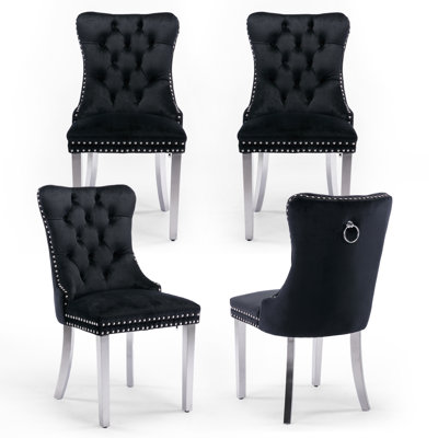 Velvet Fabric Upholstered Dining Chairs Set of 4 with Sliver Legs,Black