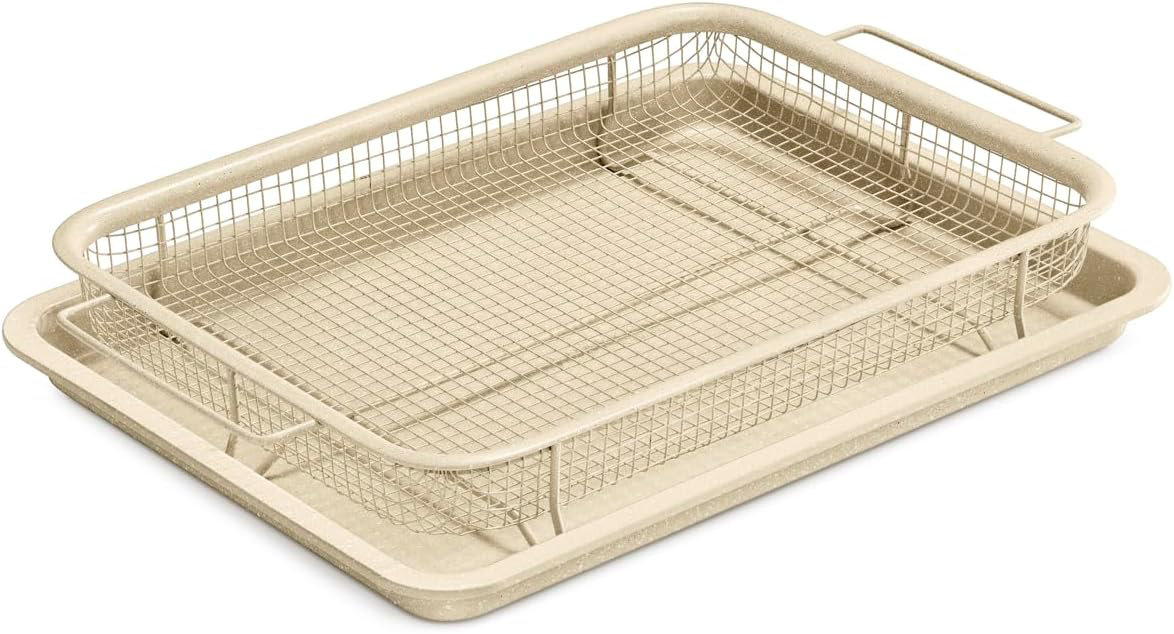 Bakken Swiss Crisper Tray Set 2 Pezzi | Teglia Antiaderente In Acciaio Carbonio Con Cestello | Grigio Marmo | Per Patatine Croccanti E Cottura Sana - 6