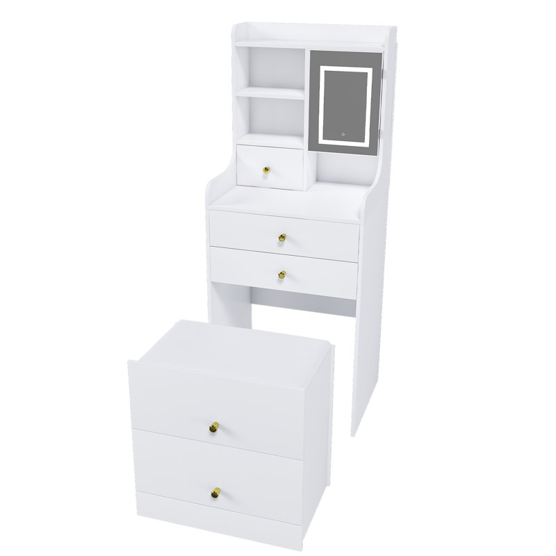 Table de coiffeuse multifonctionnelle avec miroir à DEL réglable, tabouret caché et 4 tiroirs blancs pour l'organisation de la chambre à coucher