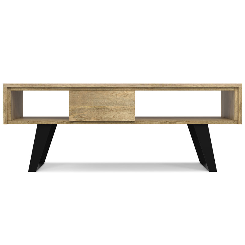 Lowry 48"W Solid Acacia Wood and Metal Modern Industrial Coffee Table with Drawers and Open Storage, Natural Wood