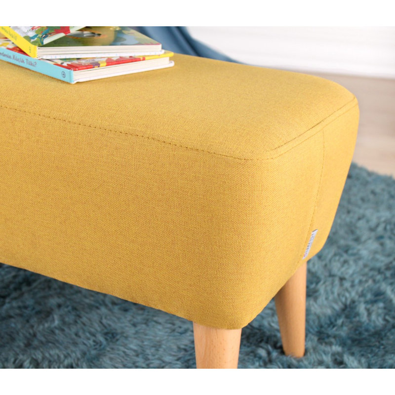 Scandinavian Style Pouffe with Wooden Legs, Yellow Velvet & Cotton Blend, 24.0 x 13.0 x 12.6 inches | 35 DNS Orthopedic Sponge, 2.4 inches Thick | Stylish & Comfortable Seating for Living Room & Bedroom Decor