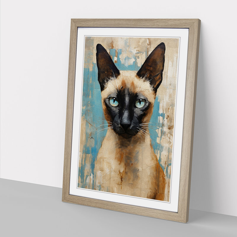 Siamese Cat Gestural - Single Picture Frame Print on Wood, 46cm H x 34cm W x 2cm D, Oak 