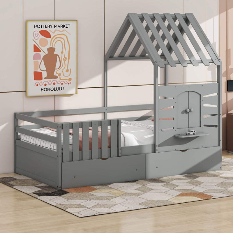 Twin Wood House Bed With Drawers, Guardrails, Window, Grey