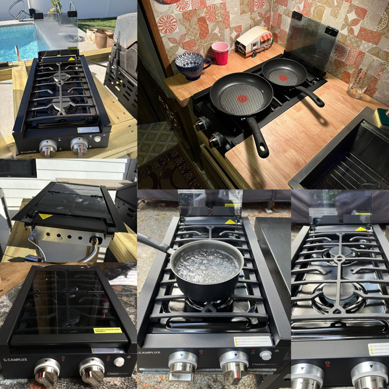 Plaque de cuisson encastrée CAMPLUX 13 000 BTU de 30,5 cm (12 po) avec 2 brûleurs, fonctionnant au propane et dotée d'un couvercle en verre trempé.