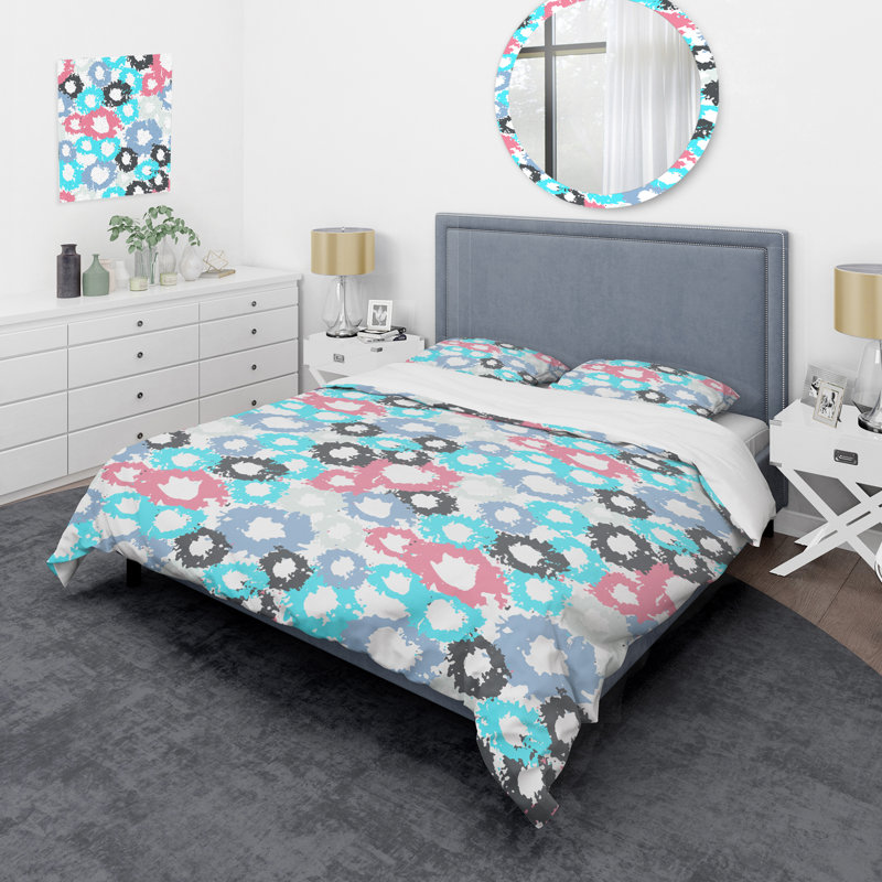 Motif de cercles bleus et roses - ensemble de housse de couette abstrait - microfibre de polyester