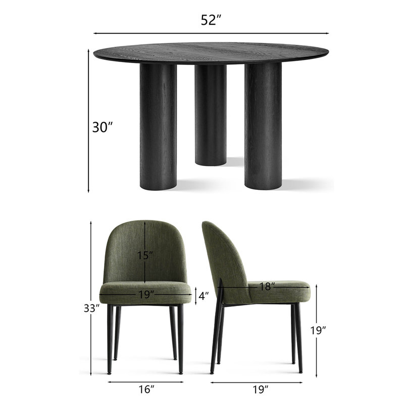 Modern 7-Piece Round Dining Set With Multi-Pedestal Base Table And Upholstered Side Chairs, Green