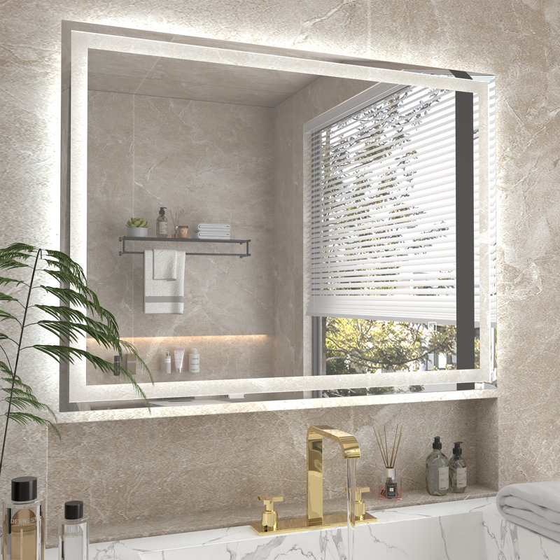 Led Bathroom Mirror With Lights, Bright Front & Back Smart Anti-fog Tempered Glass Mirror, Dimmable Wall Mounted Vanity Mirror