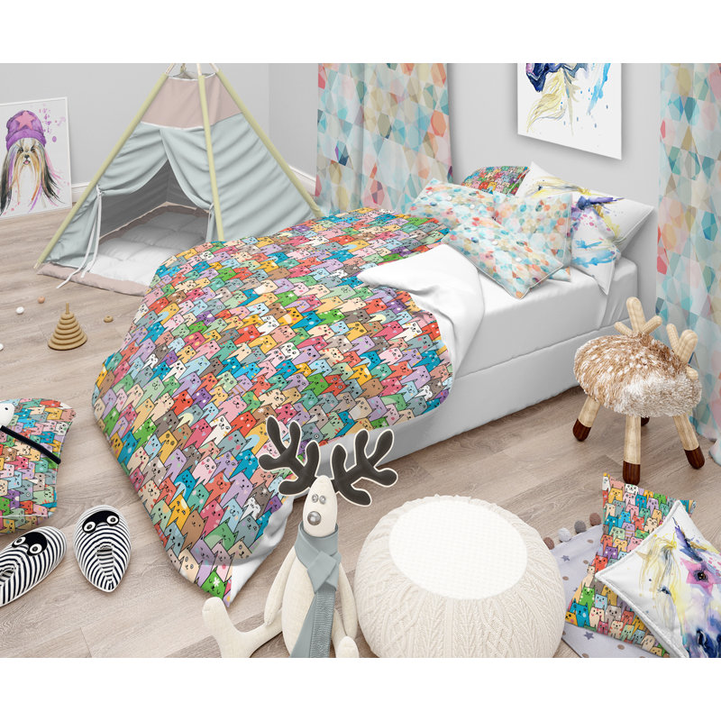Colorful Funny Cats Pattern Kids Queen Duvet Cover Set