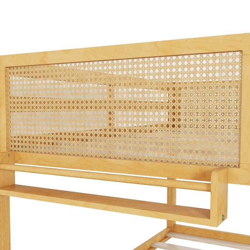 Lit superposé simple au-dessus d'un lit simple avec tablettes de rangement, lit superposé bas avec garde-corps en rotin, naturel (date d’arrivée prévue 2026/5/26)