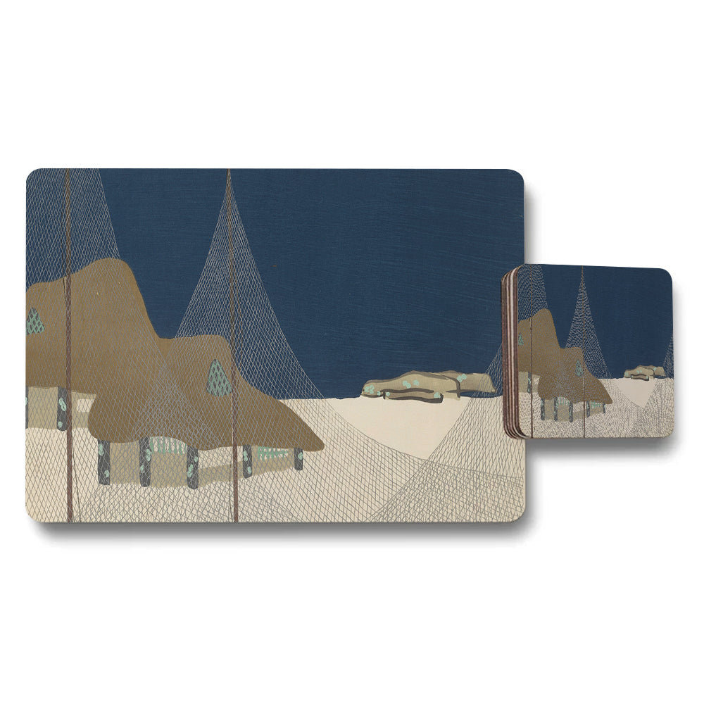 Beach Scene Placemat And Coaster Set With Net Pattern Artwork