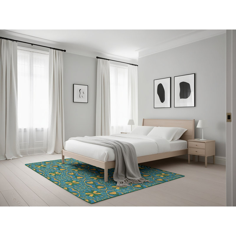 Tapis turquoise/jaune à motifs, Rectangle 5 pi x 7 pi