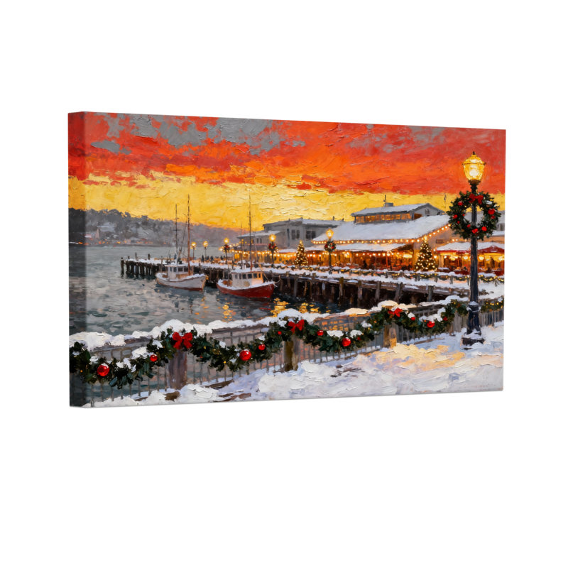 «Christmas Winter Harbor Sunset», ensemble de 3 reproductions d'art sur toile, H 20 po x l 30 po