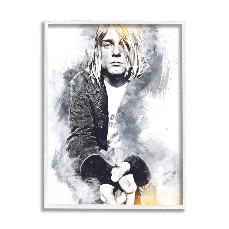 Kurt Cobain, motif abstrait moderne, portrait, noir et jaune par Birch & Ink - Peinture, H 30 po x l 24 po x P 1,5 po