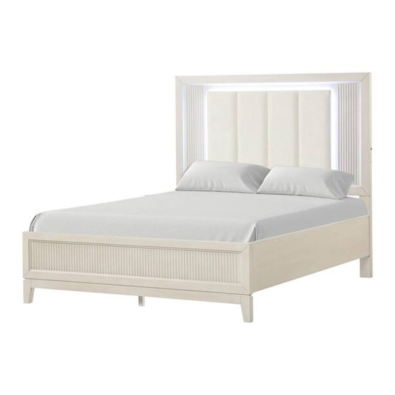 Toi Queen Bed, LED Headboard W Tufted Upholstery, Fluted Antique White