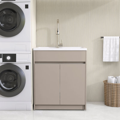 30"W x 21.5"D x 36.3"H Light Gray Freestanding Laundry Cabinet with Solid Surface Integrated Sink, Double-Door Storage, Pre-Assembled
