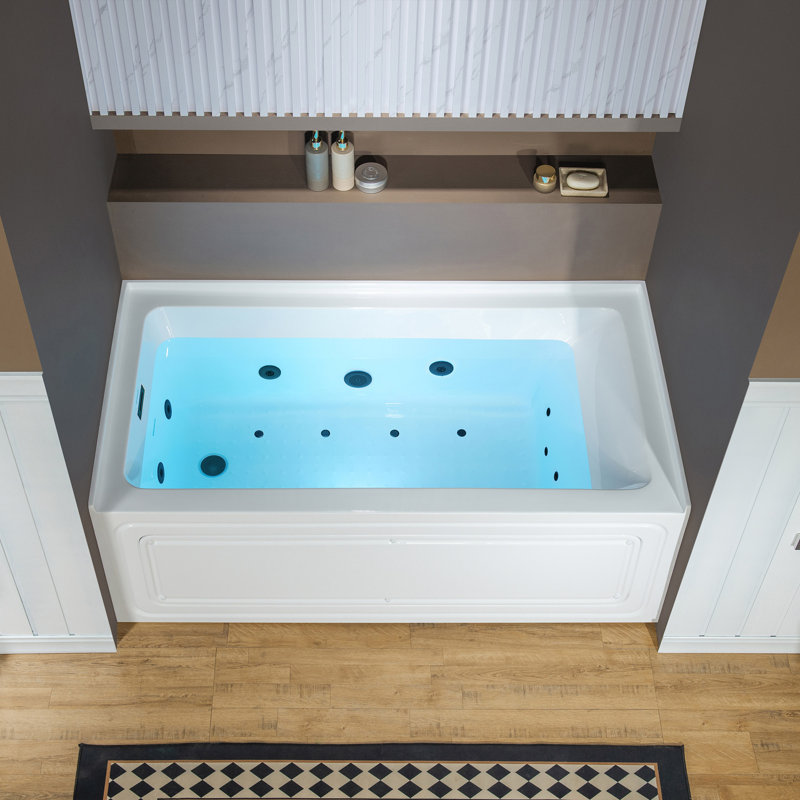 60" x 32" Alcove Heated Acrylic Rectangular Whirlpool Jetted Tub in White with Left/Right Drain, 3 Finish Trim Option, Left