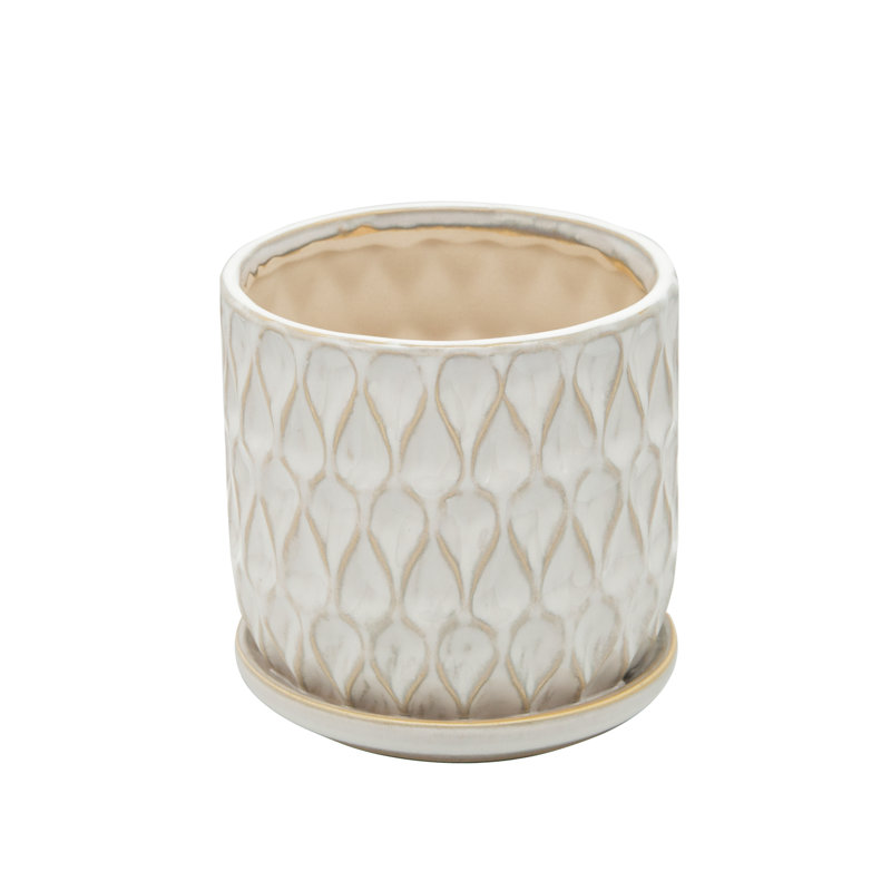 Neutral Textured Ceramic Saucer Planters Set of 2, White