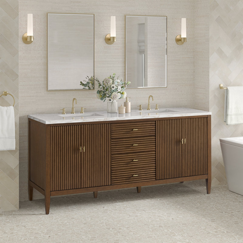 Myrrin 72'' W Double Vanity, Mid-Century Walnut, White Zeus, 8" Widespread