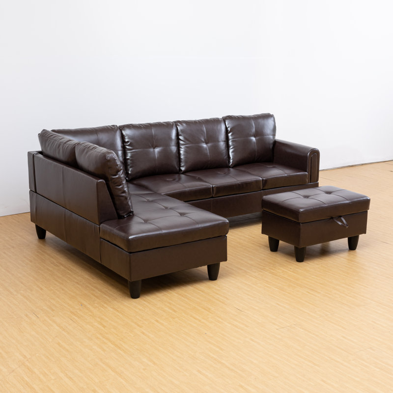 Jayzen 3 - Piece Vegan Sectional, Left Hand Facing, Brown Faux Leather, Black