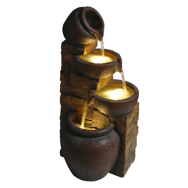 Outdoor Water Fountain with Lights 4 Tier Cascading Pot Waterfall Resin Garden Fountain for Patio Yard Porch Landscape