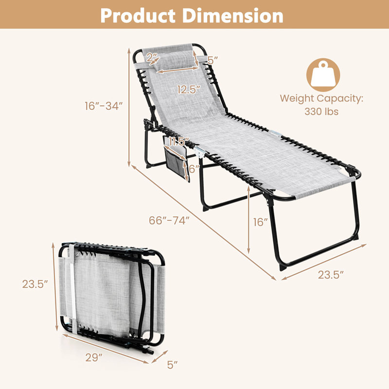  Patio Folding Chaise Lounge Portable Lay Flat Reclining Chair w/ 4-Level Backrest Side Pocket, Grey, 2