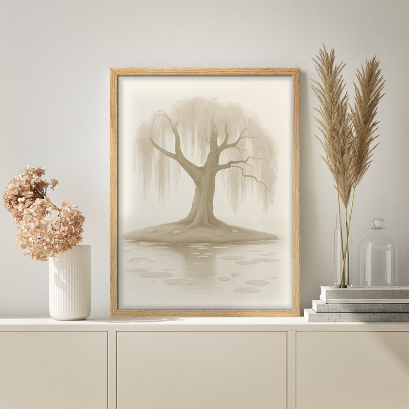 Reproduction d'art murale encadrée «Lonely Weeping Willow Tree», scène de nature tranquille pour un salon ou une chambre serein