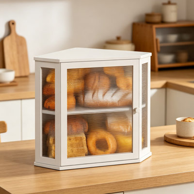 Boîte à pain de coin pour comptoir de cuisine, rangement à pain en bambou à 2 niveaux, bois moyen en bambou avec porte en verre ondulé