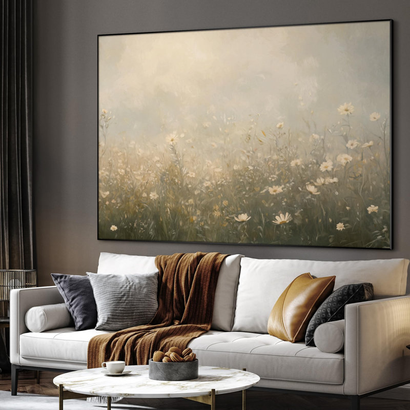 Extra Large Wall Art Fabric Print - Soft Light Wildflower Field in Morning Haze Artwork Decor for Living Room or Bedroom - "Frame Assembly Required (Unfinished Frame)"