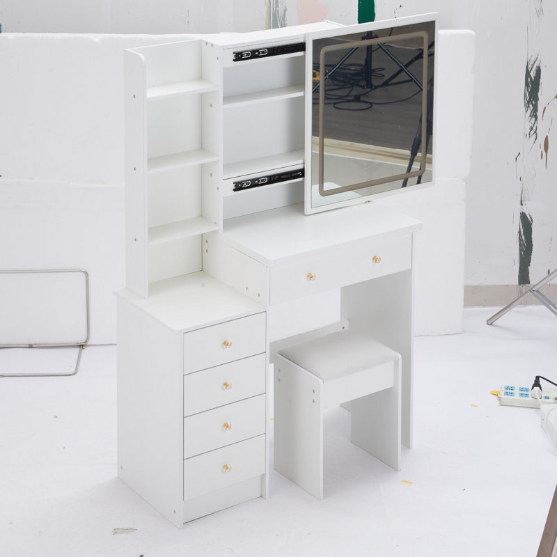 37" Middle Size Left Bedside Cabinet Vanity Table + Cushioned Stool, Large Sliding, Touch Control, Tri-Color Switching, Brightness Adjust Led Mirror, High Capacity Storage, Suitable For Middle Space