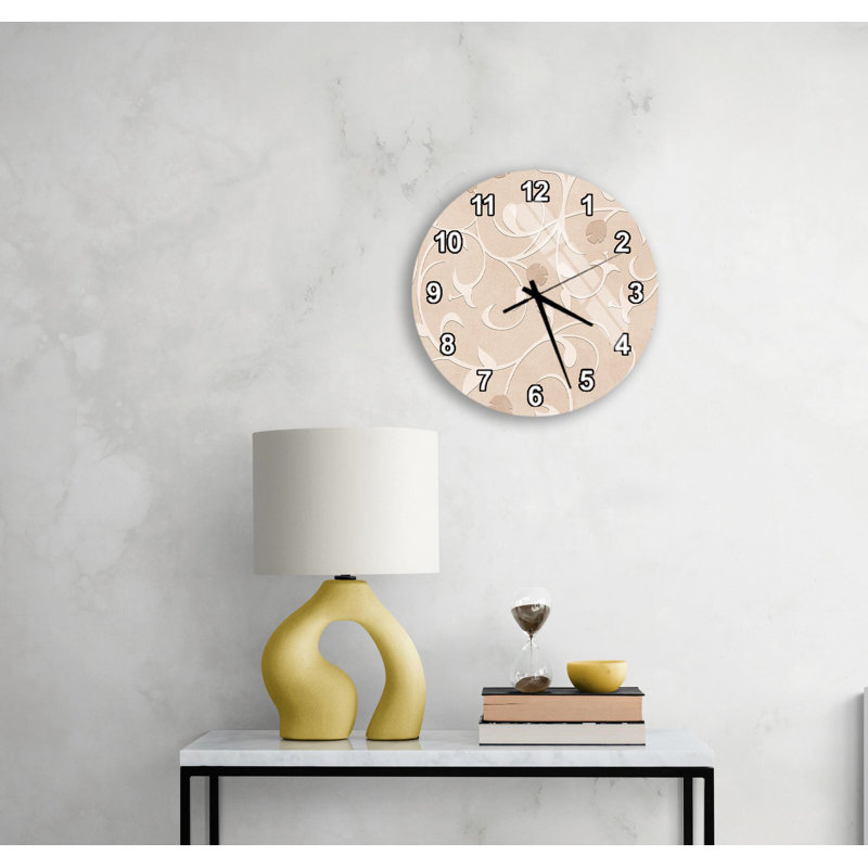 Horloge murale beige à motif floral - montre ronde élégante - décor de maison de campagne neutre pour salon, art crème classique