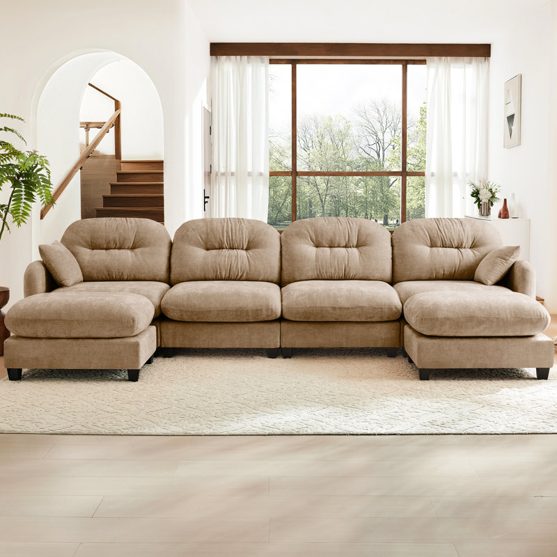 Canapé modulaire en U de couleur chameau modulaire à 4 places avec matériau en chenille douce, siège ergonomique en mousse à haute densité, conception, housse mobile décorative, plissé courbé, différents agencements,