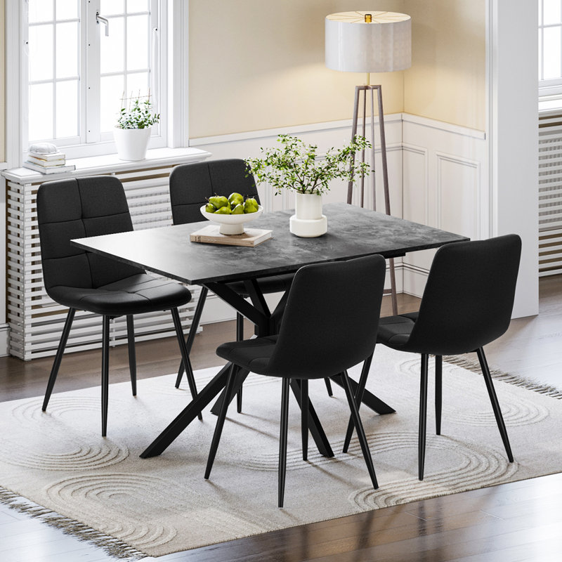 Extendable Dining Table And Chairs Set Of 4, Concrete Effect Rectangular Table With Upholstered Fabric Chairs For Dining Room,Kitchen