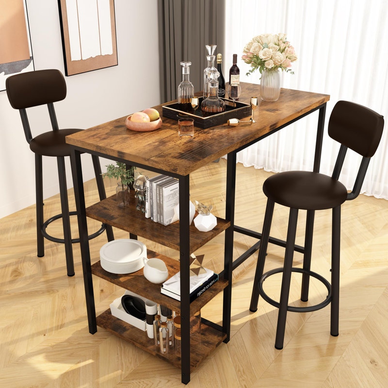 Ensemble de table de bar rustique pour 2 personnes avec tablettes de rangement - tabourets en cuir polyuréthane de 350 lb, conception peu encombrante pour les petites cuisines et appartements