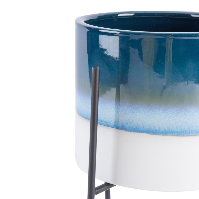 Nicola Spring - Reactive Glaze Plant Pot on Stand - 19cm, Blue/Black