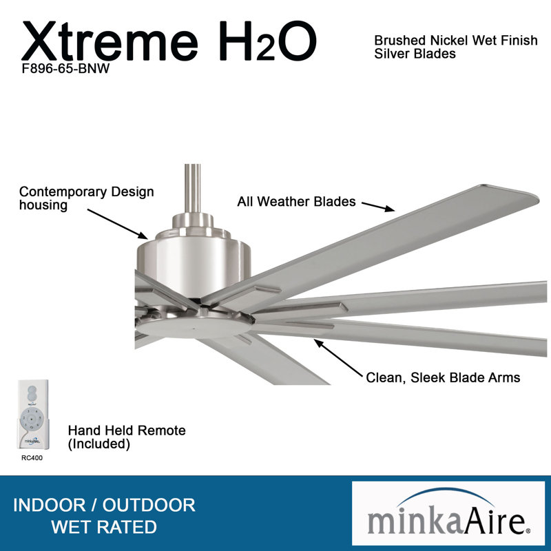 65" Brushed Nickel 8-Blade Outdoor Ceiling Fan with Remote