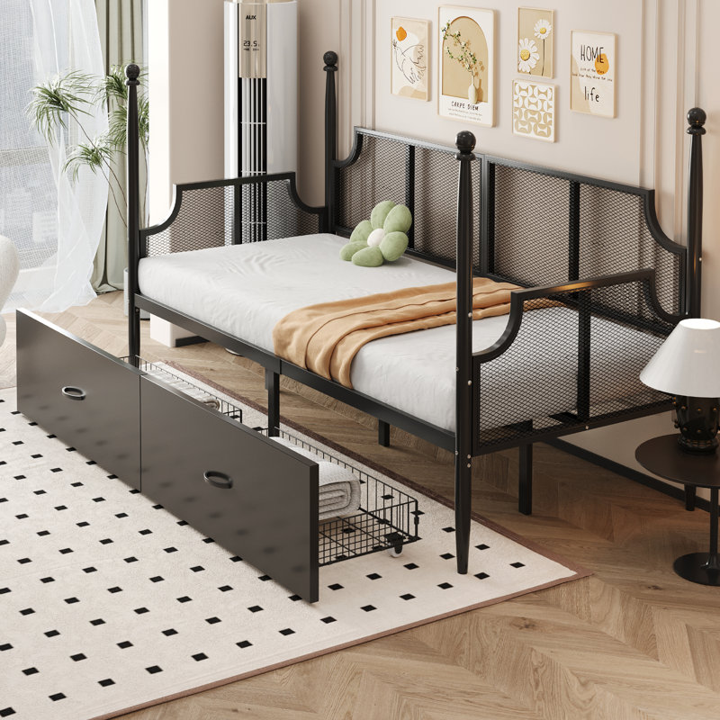 Metal Storage Bed Frame 90 x 200 cm, Black