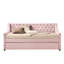 Lit double en velours rose avec lit gigogne - Revêtement en tissu, pattes en bois, design moderne et élégant
