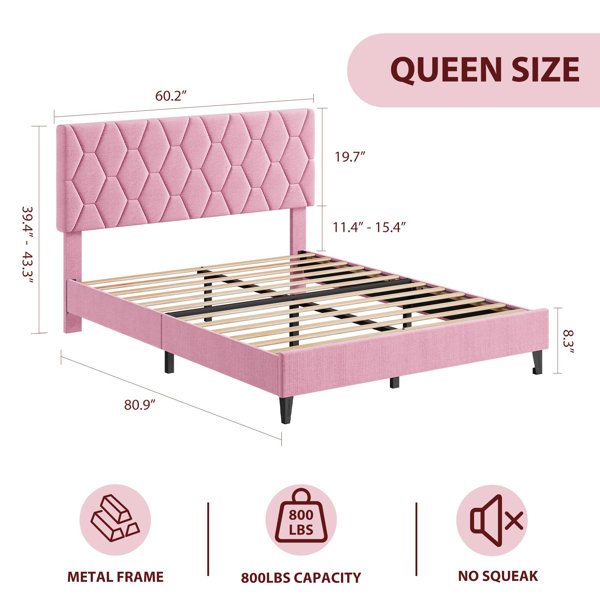 Ebern Designs Queen Size Bed Frame with Adjustable Upholstered ...