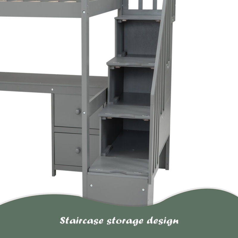 Structure de lit simple de taille mezzanine avec bureau intégré et tiroirs de rangement doubles, Gris