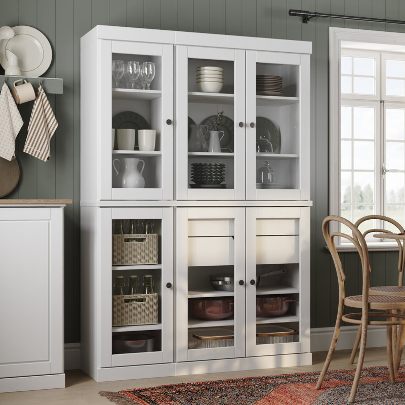 100% Solid Wood 48.5" Pantry China Cabinet with Clear Glass Doors, 2-Drawers and Adjustable Shelves, White